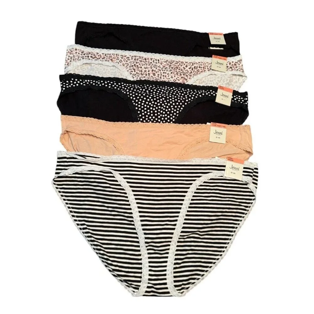 Lot of 5 Jenni Women's Sz 3XL Lace Trim Cotton Bikini Panties Underwear